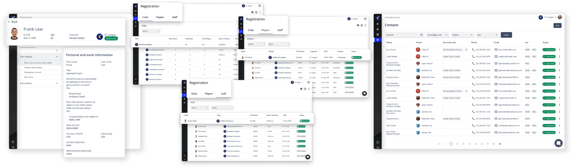 Player and staff registration records, profiles and contact lists in iP: Intelligence Platform